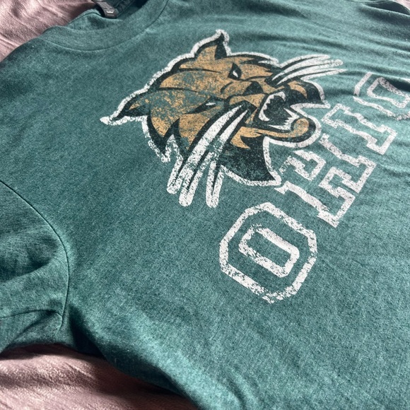 Ohio University Green Anvil “OHIO” T-Shirt with “Worn” Look & Bobcat on Front - Picture 5 of 6